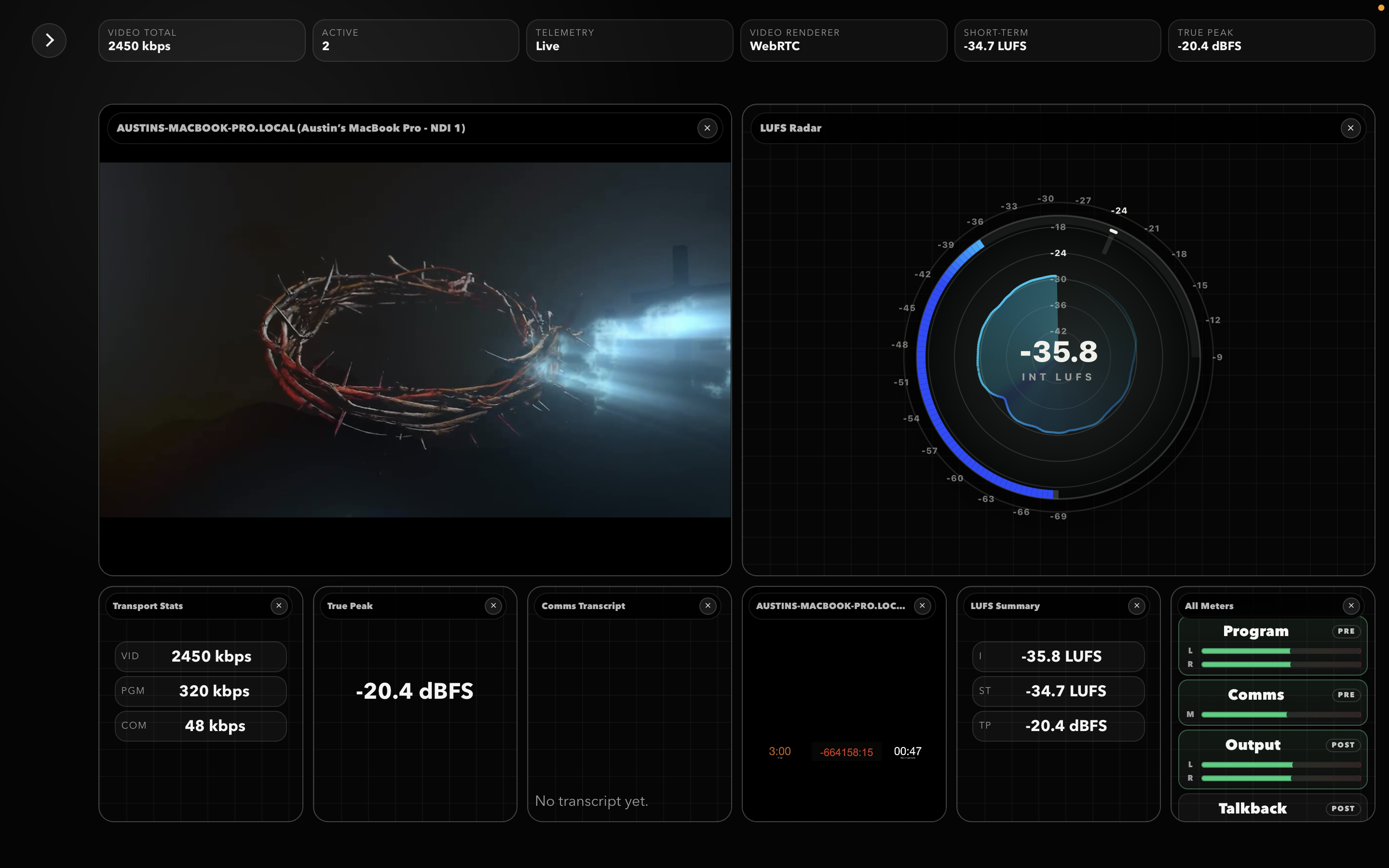 NearField Multiview showing a WebRTC video feed, LUFS radar, transport stats, true peak, transcript, LUFS summary, and all meters.